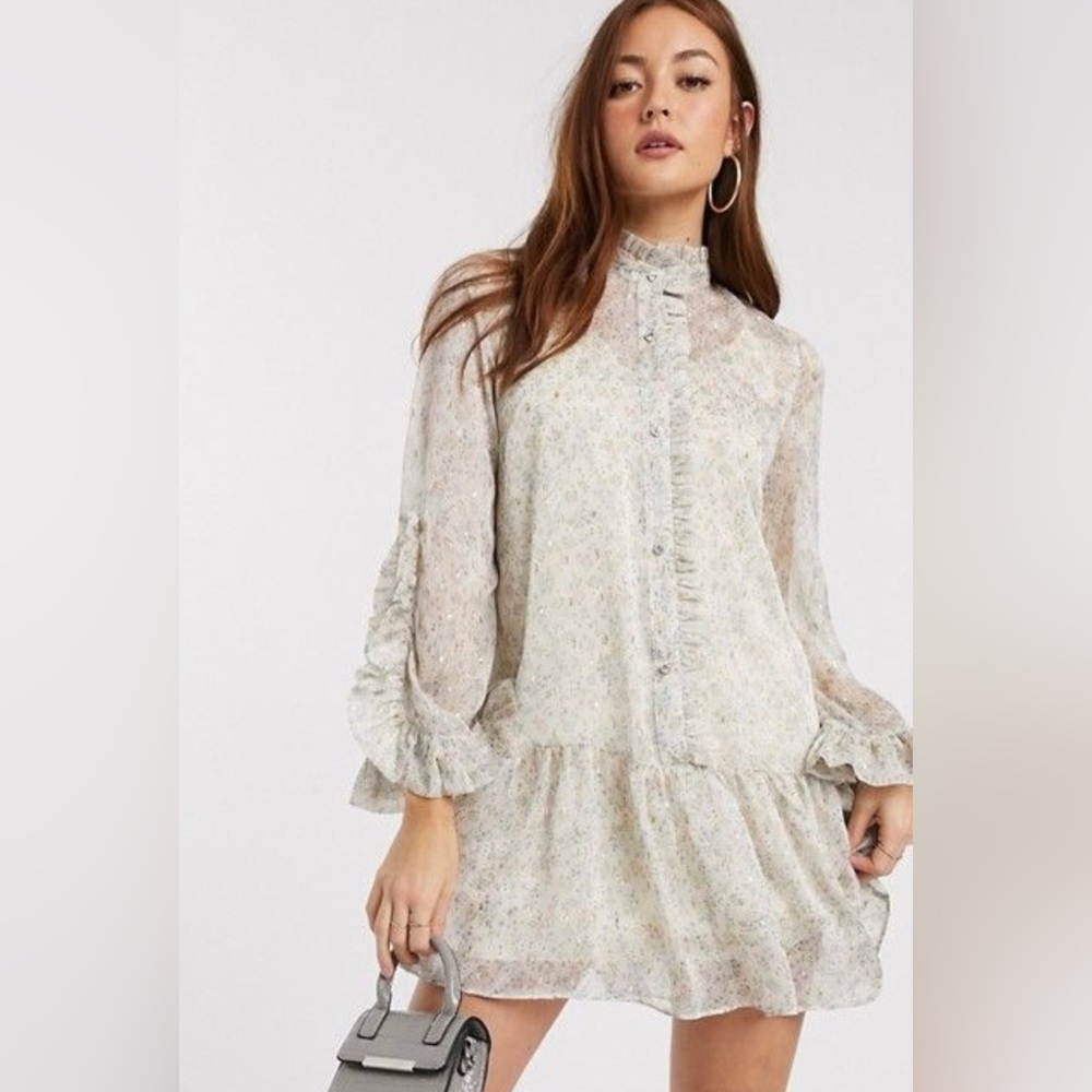River Island ditsy floral frill smock dress in vintage heritage cream size usa 4